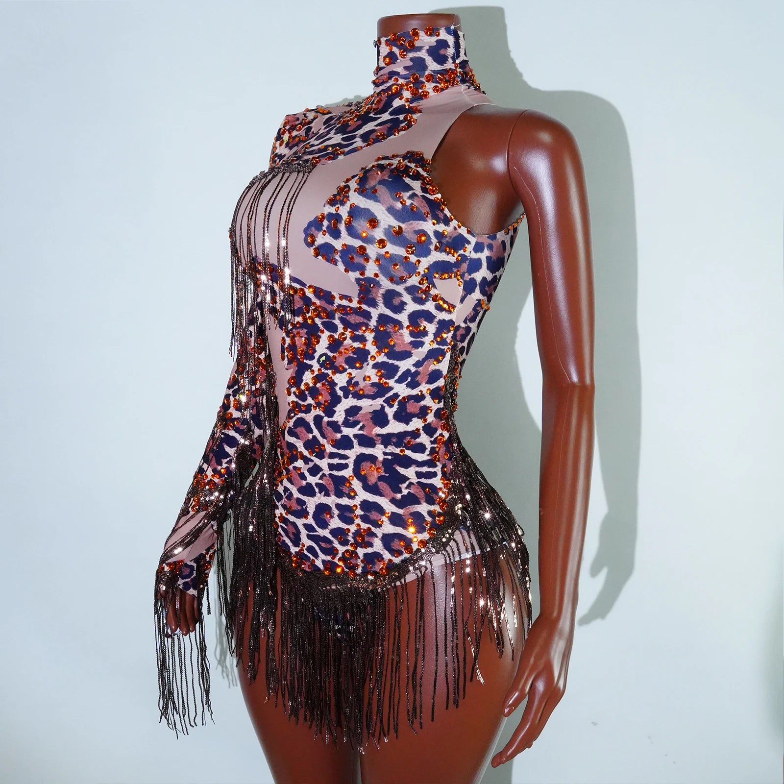 Sexy Rhinestone Leopard Print Stretch Bodysuit Drag Queen Dance Stage Costume Nightclub Birthday Party Singer Bar Outfit