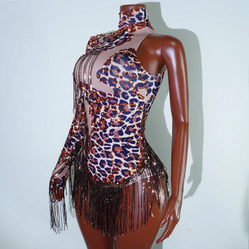 Sexy Rhinestone Leopard Print Stretch Bodysuit Drag Queen Dance Stage Costume Nightclub Birthday Party Singer Bar Outfit