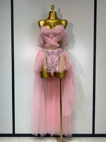 Women Sexy Strapless Pink Mesh Two Pieces Set Prom Gown Celebrate Birthday Nightclub Party Singer Stage Performance Costume