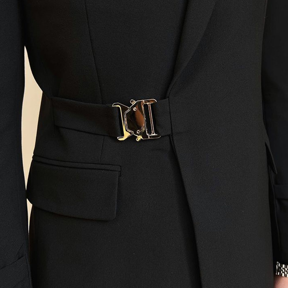 Veste de costume noire de style britannique pour homme, tenue professionnelle décontractée, tenue formelle, ceinture croisée 