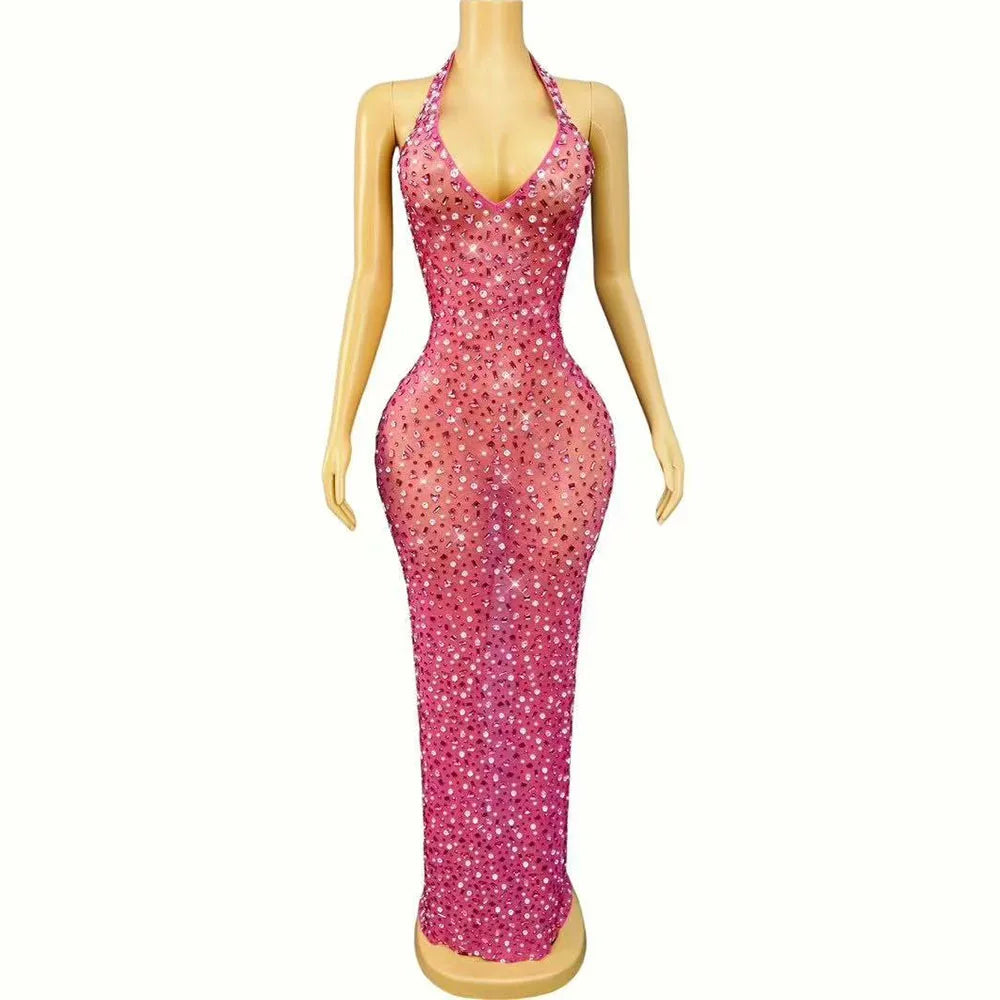 Luxurious Shining Rhinestones Sexy V-neck Rosy Mesh Dress Holiday Journey Seaside Outfit Evening Cocktail Party Gown Stage Wear