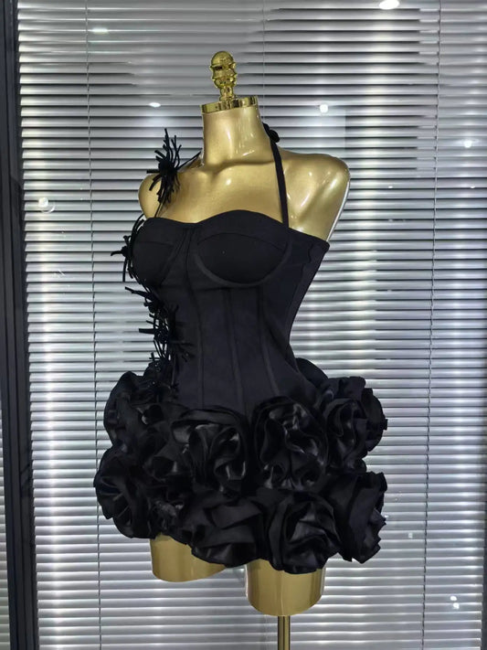 High Quality Black Red Women Sexy Halter Full Florals 2 Pieces Set Bodycon Mini Bandage Dress Celebrate Nightclub Party Wear