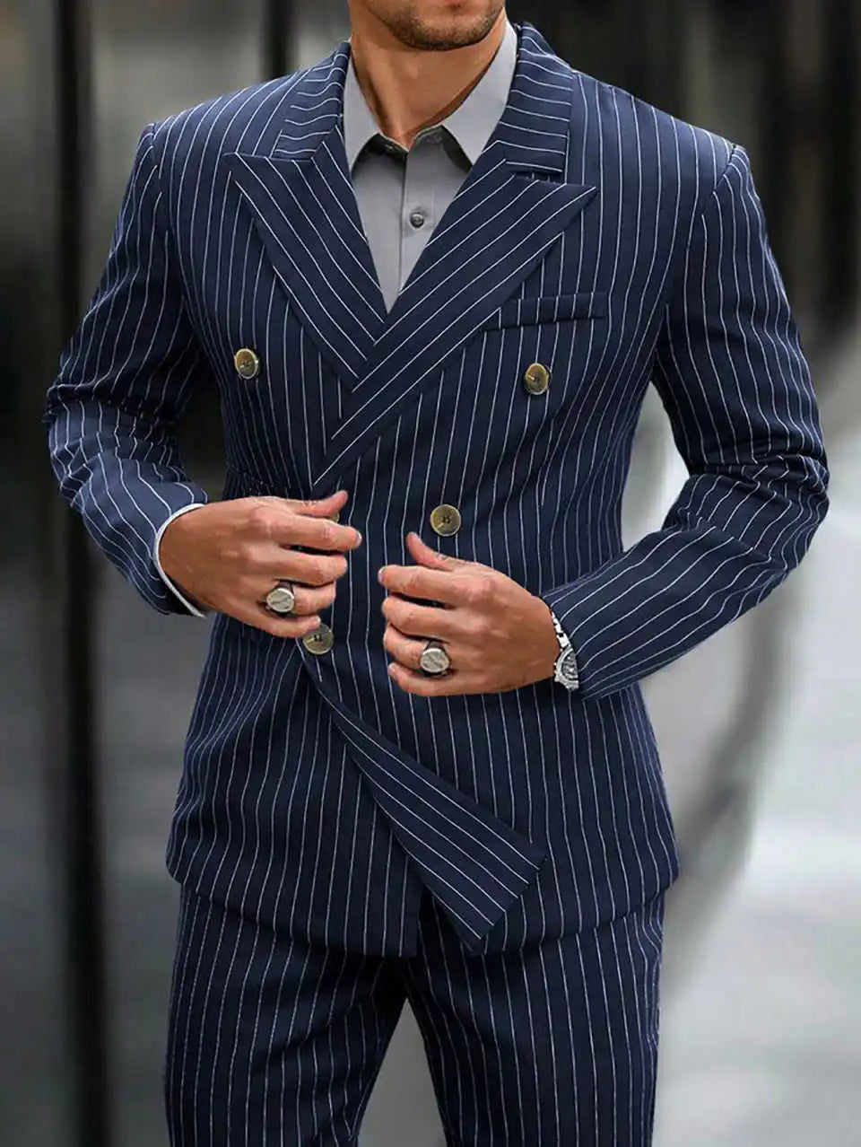 Handsome Wedding Tuxedos 2 Pcs Jacket Pants Long Sleeve Men Suit Gentleman Pinstripe Double Breasted Evening Party Customized