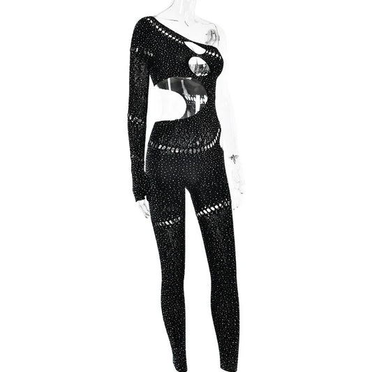 Women Sexy Diamonds Hollow Out Skinny Jumpsuits One Shoulder Long Sleeve Lace Jacqaurd High Stretch Club Party Rompers Overalls