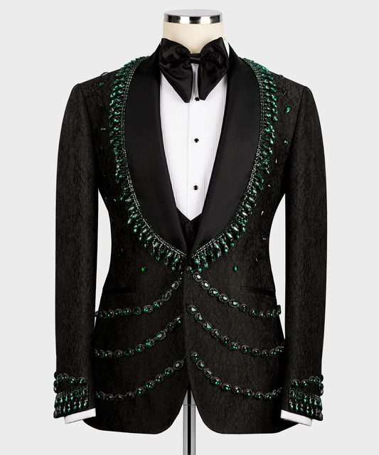 Vintage Men Suits Wedding 3 Pieces Set Coat Crystal Beaded Shawl Lapel Tailor-Made Jacquard Blazer Customized Jacket Vest Pants