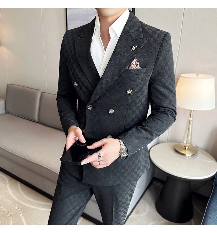 Elegant Double-Breasted Navy Checker Suit for Men – Custom Tailored Business & Wedding Attire, Stylish Formalwear Set
