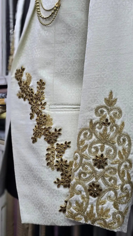 Stylish Men Suits Shawl Lapel Jacquard 2 Pieces Set Tailor-Made Jacket Beading Blazer One Button Groom Customized Coat Pants