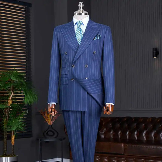 Business Blue Wedding Tuxedos 2 Piece Set Jacket Pants Peaked Lapel Men Suit Formal Trim Groom Wear Party Suits Customized