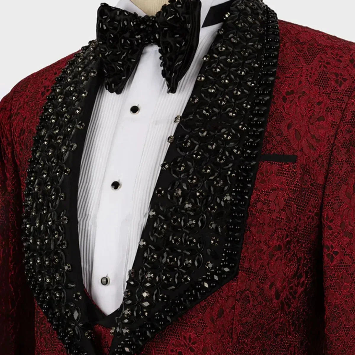 Luxury Men Suits Rhinestone Beads Shawl Lapel Tailor-Made 2 Pieces Set Jacquard One Button Groom Blazer Customized Jacket Pants