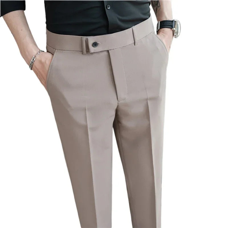 Thin White Elastic Nine Cent Suit Pants for Men,gray Blue Four-side Elastic Comfortable Drape Men's Casual Trousers
