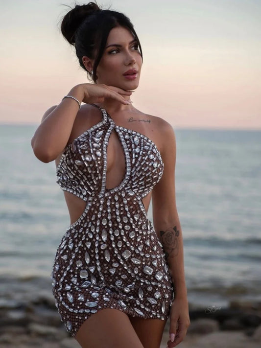 Women Luxury Sexy Mesh Sequins Crystal Diamonds Mini Dress Birthday Party Costume Bar Nightclub Stage Performance Dress