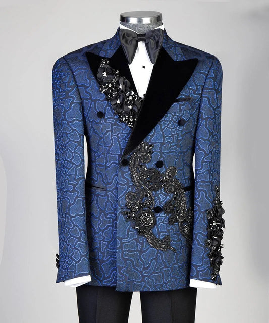 Vintage Men‘s Suits Tailor-Made Appliques Peaked Lapel Jacket Blazer 2 Pieces Set Beaded Jacquard Groom Customized Coat Pants
