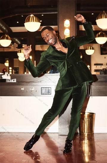 Velvet Green Men Suit Set 2 Piece Blazer+Pants Trousers Autumn Fall Customized Formal Office Jacket Wedding Tuxedos Prom Coat