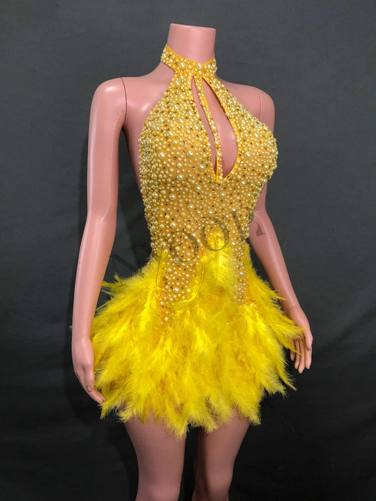 Sparkly Rhinestones Pearls Halter Backless Mini Feathers Skirt Women Sexy Mesh Transparent Performance Dance Costume Stage Wear