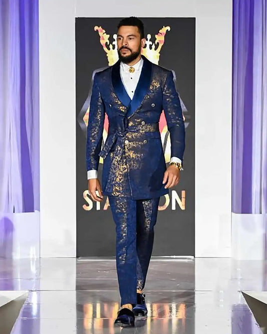 Jacquard Floral Wedding Suits for Groom Shawl Lapel Double Breasted Tuxedos 2 Pcs Jacket Pants Evening Party Prom Customized