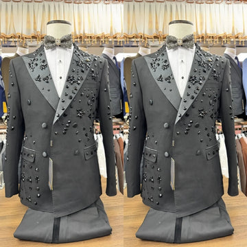 Stylish Men's Suit Peaked Lapel Blazer 2 Pieces Set Coat Crystal Prom Formal Occasion Double Breasted Customized Jacket Pants