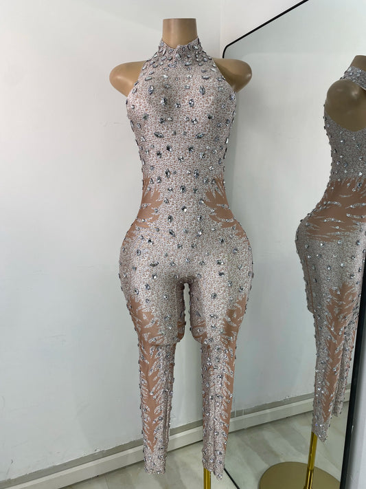 Combinaison moulante sans manches en élasthanne pour femme, tenue sexy avec strass, idéale pour une soirée, un anniversaire ou une séance photo.