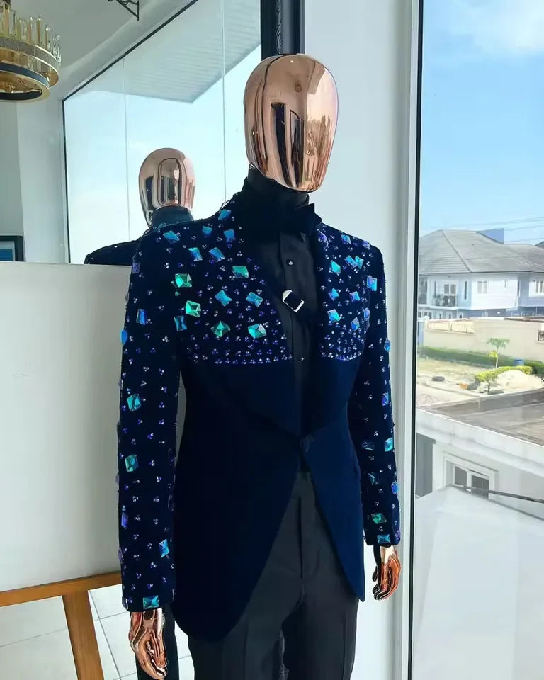 Men Suits Unique Shawl Lapel Crystal Tailor-Made 2 Pieces Set Velvet Beaded One Button Blazer Customized Jacket Black Pants