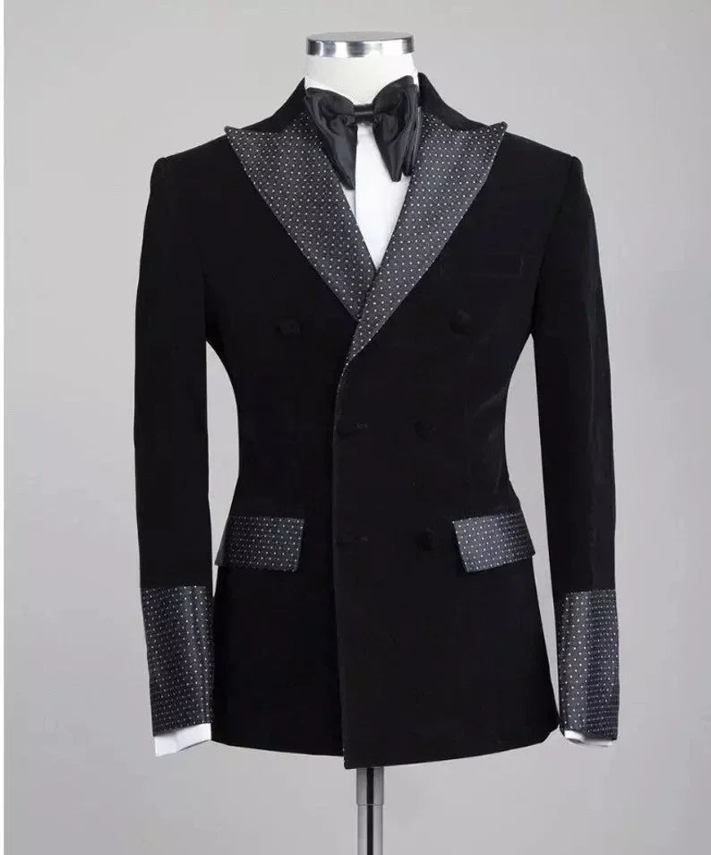 Slim Fit Dots Men Suits Dots Groom Tuxedos for Wedding Party Slim Fit 2 Pieces Black Velvet Smoking Blazer (Jacket+Pants)