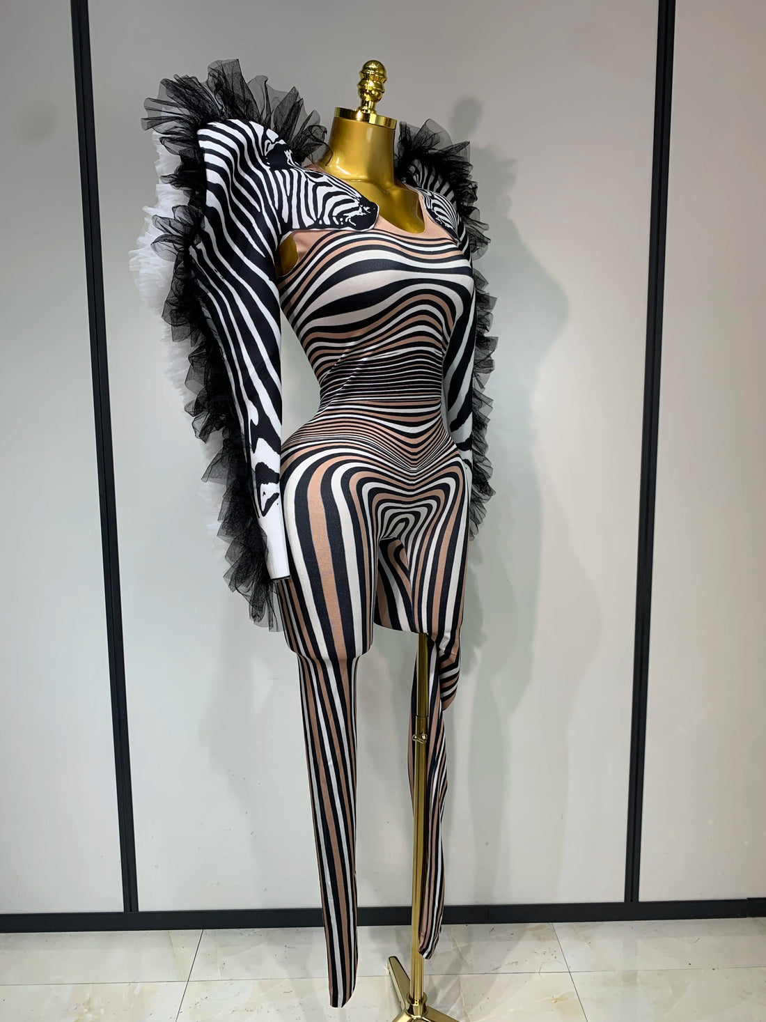 Women Long Sleeve Zebra Stripes Bodycon Jumpsuit Two Piece Set Birthday Party Nightclub Stage Performance Halloween Rompers