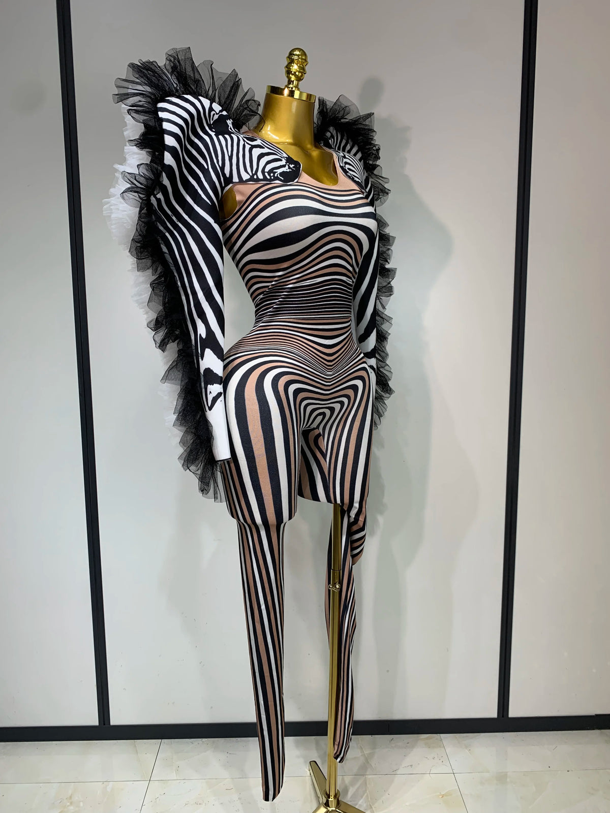 Women Long Sleeve Zebra Stripes Bodycon Jumpsuit Two Piece Set Birthday Party Nightclub Stage Performance Halloween Rompers