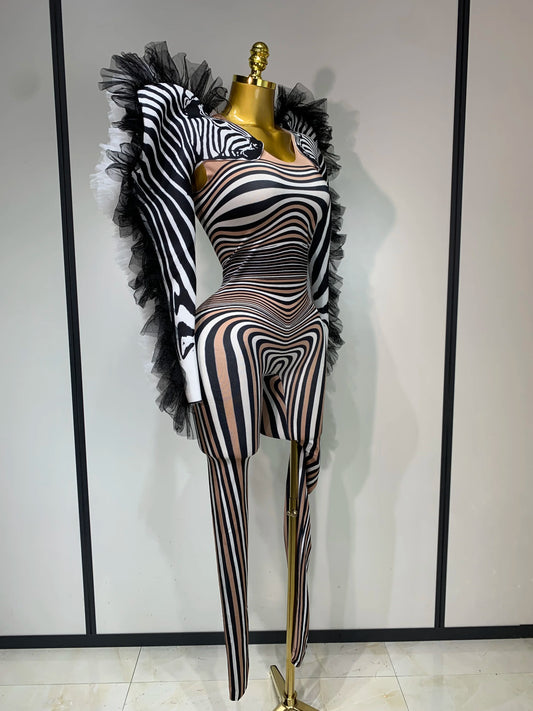 Women Long Sleeve Zebra Stripes Bodycon Jumpsuit Two Piece Set Birthday Party Nightclub Stage Performance Halloween Rompers