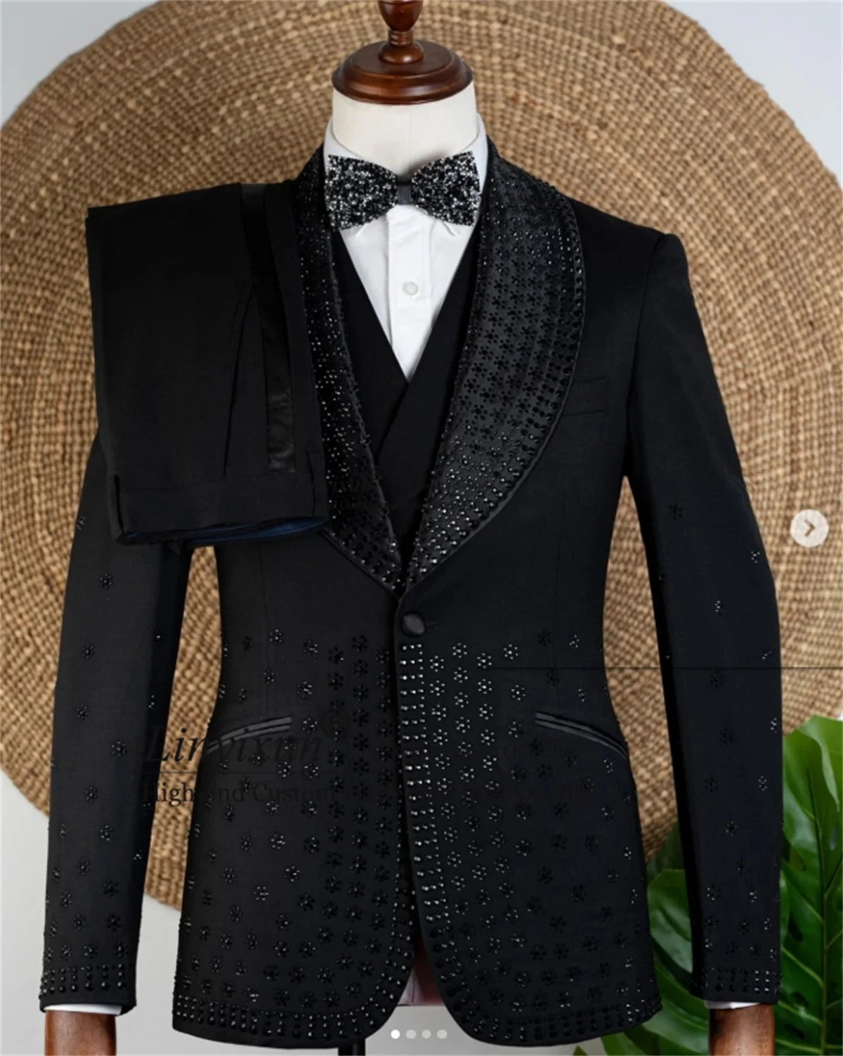 Sparkly Crystals Bead Men Suits 3 Pieces Sets Groom Tuxedos Slim Fit Business Wedding Trajes Para Hombre Customized Prom Blazer