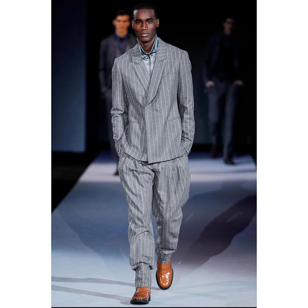 Light Gray Men's Suits Tailored 2 Pieces Blazer Pants Peaked Lapel One Button Wedding Pinstripes Work Wear Custom Made Plus Size