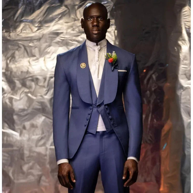 Costume 3 pièces pour homme, smoking, robe de soirée, bal de promo, veste longue, col châle (blazer, pantalon, gilet)