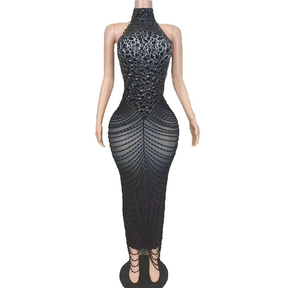 Luxurious Black Rhinestones Chains Sleeveless Long Dress Sexy Outfit Dance Stage Wedding Beads Handmade Photoshoot Costume