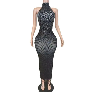 Luxurious Black Rhinestones Chains Sleeveless Long Dress Sexy Outfit Dance Stage Wedding Beads Handmade Photoshoot Costume