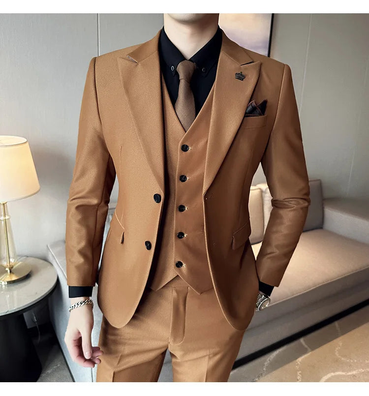 (Chaqueta + chaleco + pantalones) Traje de lujo de primavera para hombre, traje formal para novio, esmoquin de boda, traje ajustado para fiesta de trabajo, 3 piezas