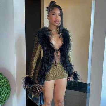 Sexy Women Furry Collar Leopard Bodycon Dress Long Sleeve Lace-up Mini Dress Party Club Lady Cute Fur Bandage Cut-out Dress