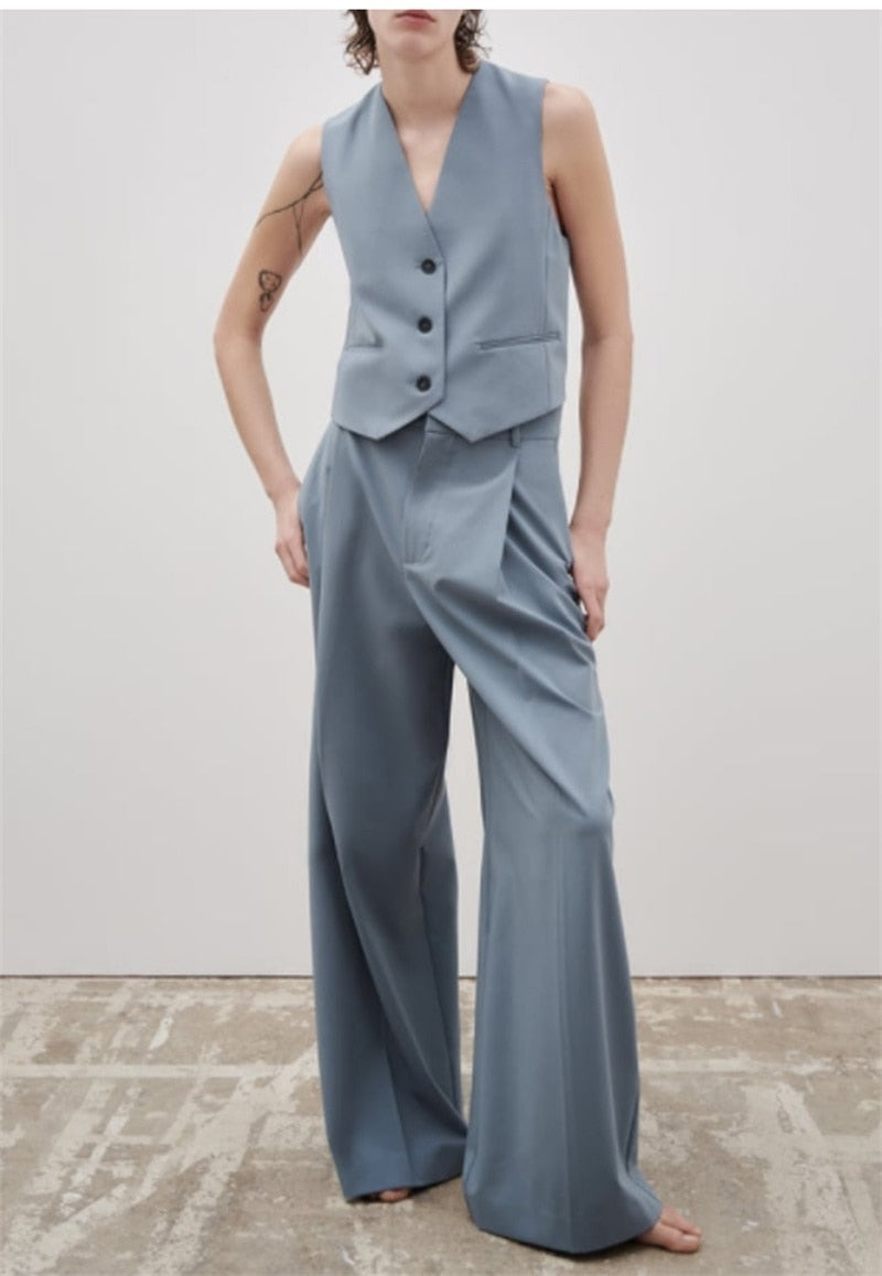 Conjunto de 2 piezas de trajes sin mangas para mujer, camiseta sin mangas + pantalón recto de pierna ancha, traje formal de oficina de algodón azul y gris, ropa informal 