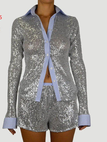Balitops Long Sleeved Shirt Sequined Shorts Fashion Women's Set Patchwork Slim Fit Perspective Sexy Street Female Two-piece Set