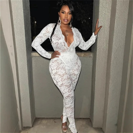 Women Sexy See Through Lace 2 Piece Set Deep V-neck Long Sleeve Bodysuits Tops + High Waist Skinny Pants Midnigth Clubwear Suits