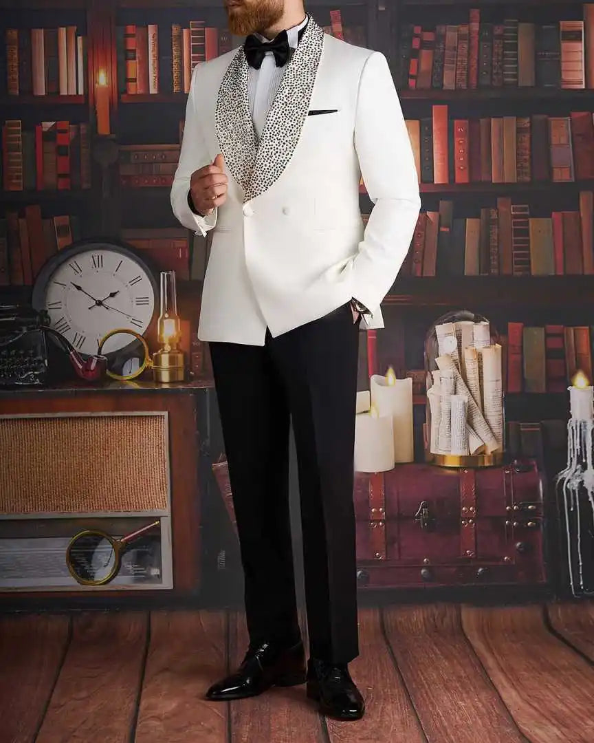 Classic Rhinestone Wedding Suits for Groom Shawl Lapel Double Breasted Tuxedos 2 Pcs Jacket Pants Party Prom Customized
