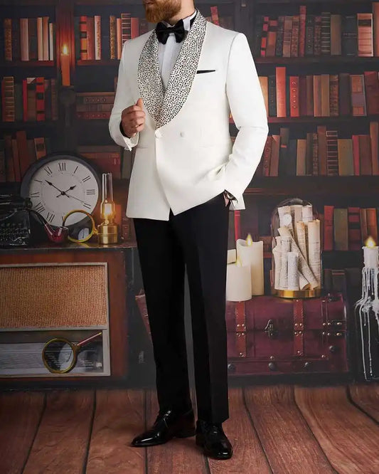 Classic Rhinestone Wedding Suits for Groom Shawl Lapel Double Breasted Tuxedos 2 Pcs Jacket Pants Party Prom Customized