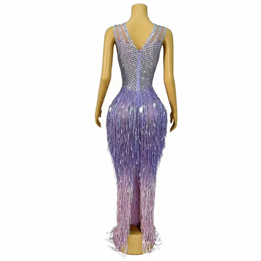 Sexy Luxurious Birthday Celebrate Rhinestones Fringes Dress Sleeveless Purple Pink Tassels Sequins Photoshoot Collections