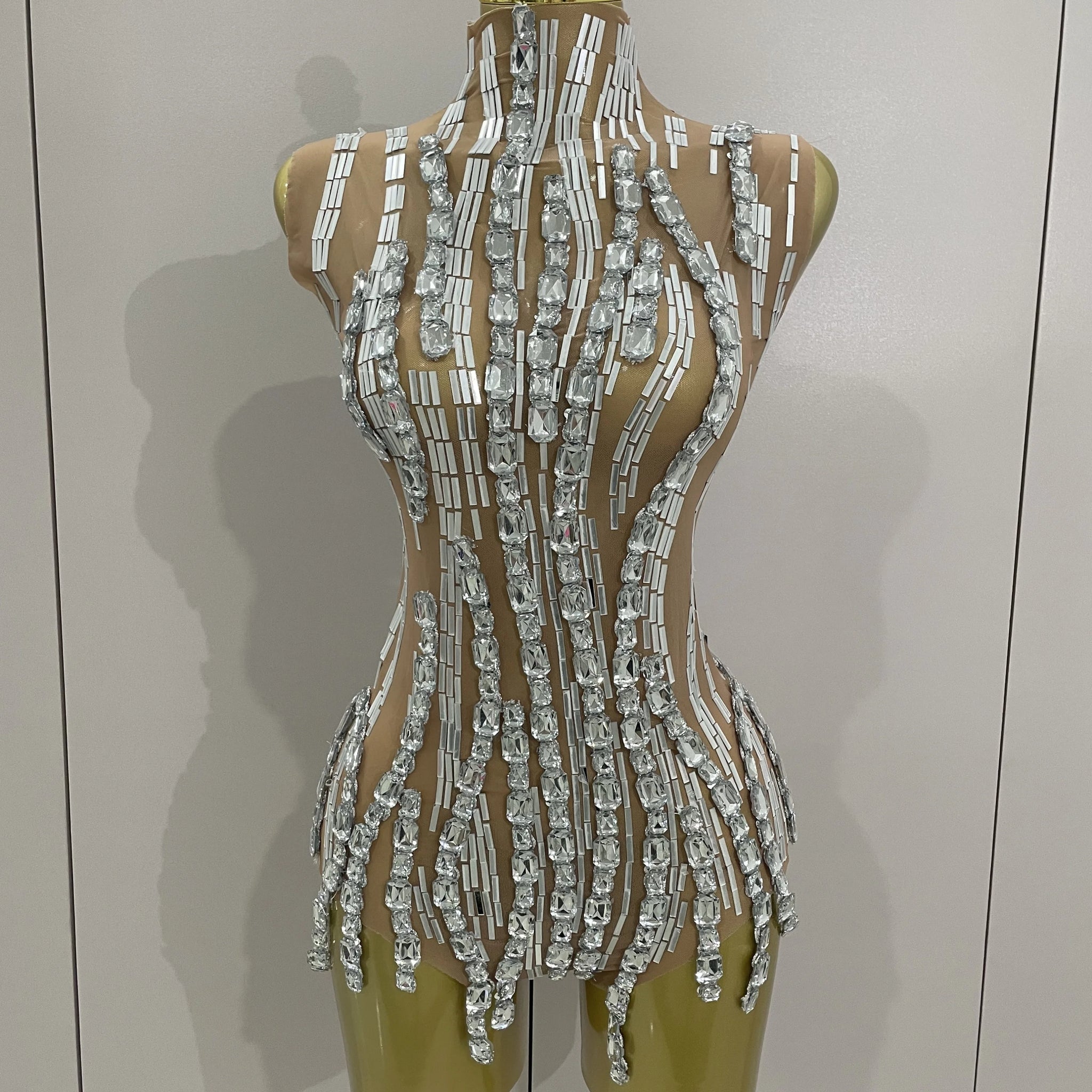 Sparkly Rhinestone Chain Sexy Transparent Sleeveless Bodysuit  Women Party Nightclub Team Performance Costume Show Stage Wear