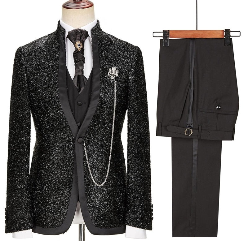 Conjunto de traje negro de lujo para hombre, traje formal de 3 piezas para boda, novio, esmoquin, hecho a medida, para caballero, para oficina, fiesta, chaqueta y abrigo. 