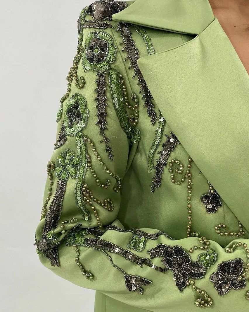 Blazer de mujer con cuentas hechas a mano, trajes con apliques, corte entallado, traje formal para fiesta de noche, boda, 2 piezas