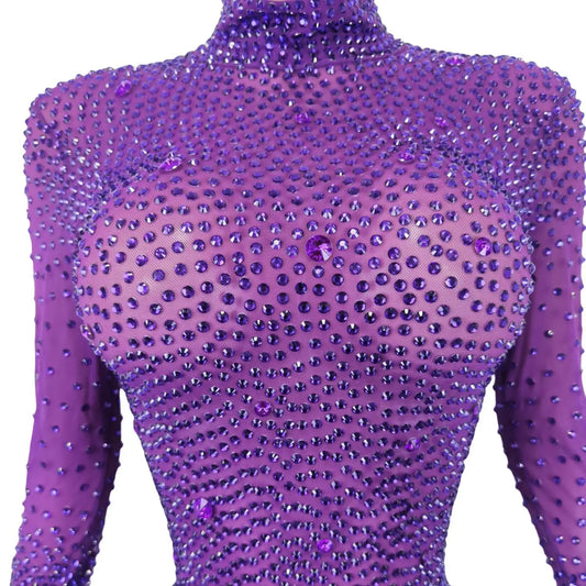 Combinaison moulante en strass violet brillant pour femme, justaucorps sexy grande taille avec strass, tenue de scène pour soirée et danse 
