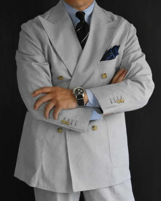 Pinstriped Elegant Men Wedding Suits Peak Lapel Double Breasted Tuxedos Groom Party 2 Pcs Blazer Pants Party Customized Suit