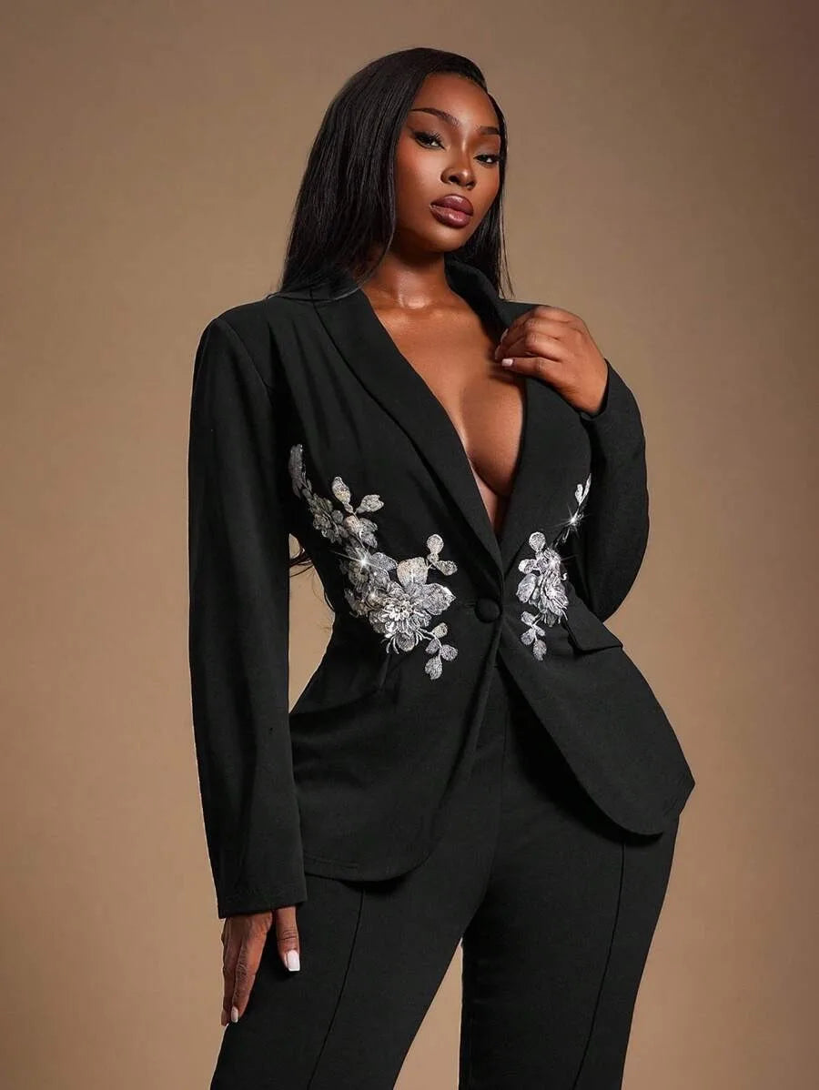 Slim Fit Women Blazer Sets 2 Pieces Flowers Appliques Wedding Tuxedos Prom Dressing Formal Guest Wear Pants
