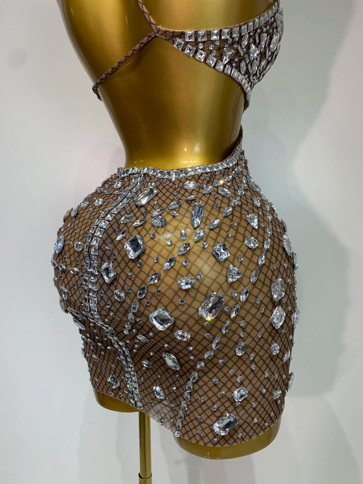 Sexy Sparkly Diamond Backless Short Dress Women Sleeveless Mesh See Through Evening Birthday Gown Singer Stage Outfit