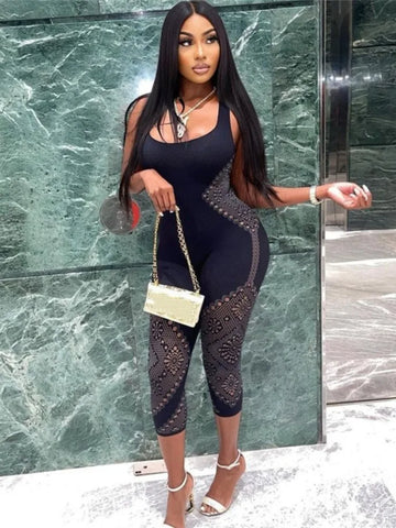Joskaa Jacquard Hollow Black Jumpsuit Women Sexy Low Cut Sleevless Skinny One Piece Rompers Summer Midnight Party Clubwear