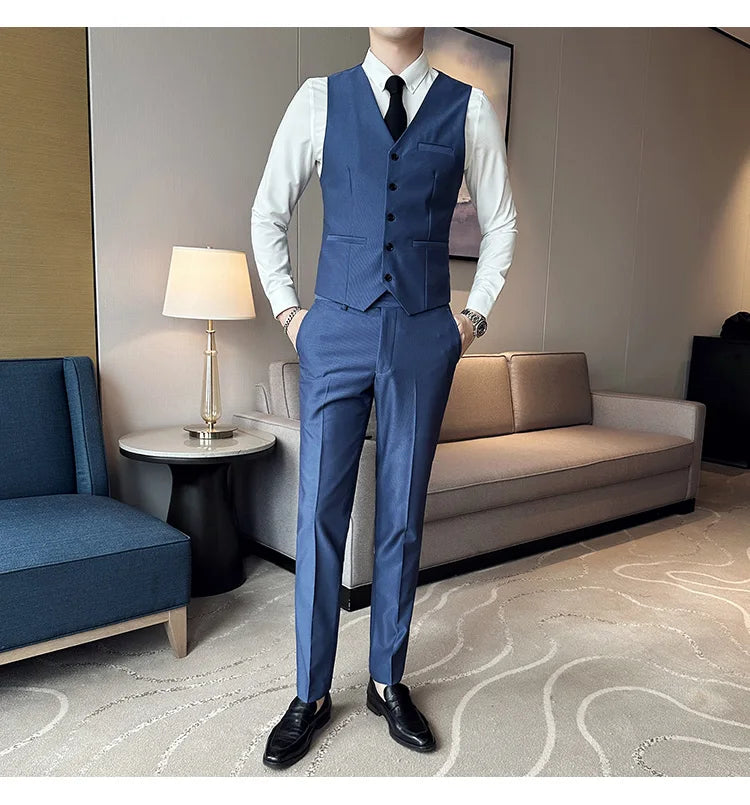 (Chaqueta + chaleco + pantalones) Traje de lujo de primavera para hombre, traje formal para novio, esmoquin de boda, traje ajustado para fiesta de trabajo, 3 piezas