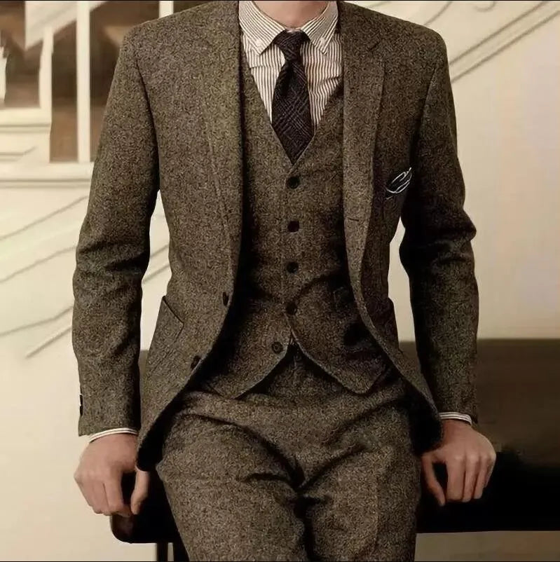 Autumn Winter Prom Wedding Suits Men Fashion Handsome Groom Wear Business Party Tweed Suit Man Formal 3 Piece (Jacket+Vest+Pant)
