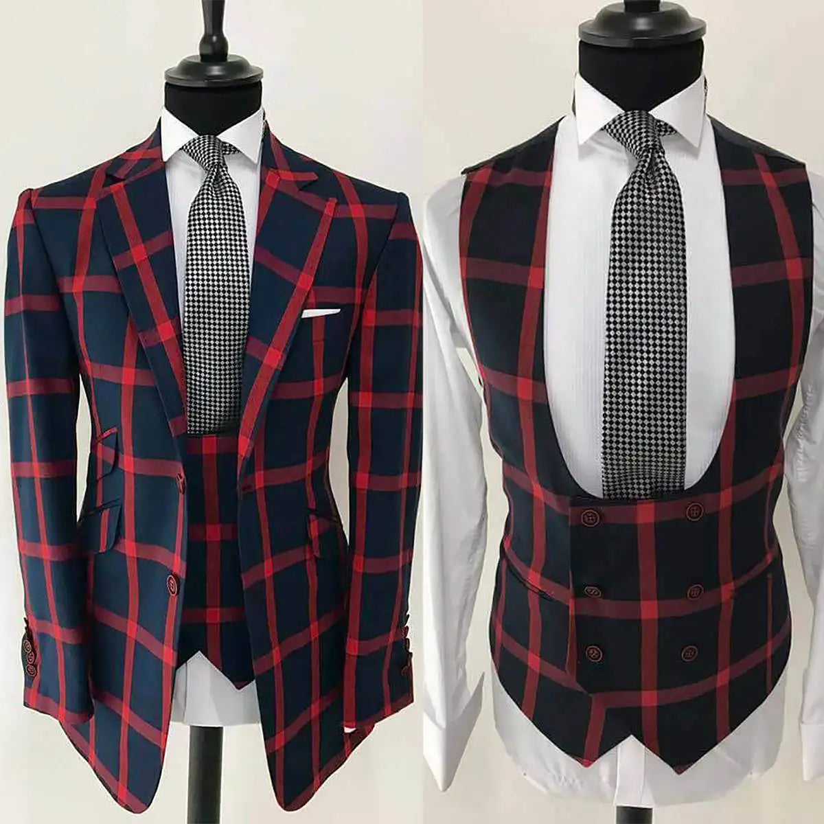 Plaid Men Wedding Suits Notched Lapel Tuxedos Slim Fit 2 Pcs Jacket Vest for Groom Business Party Prom Custom Made